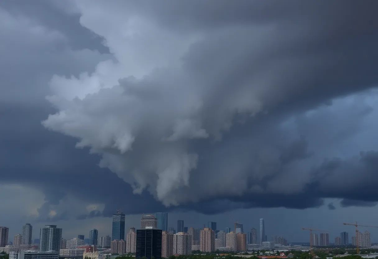Dark thunderclouds over Columbia skyline during a storm