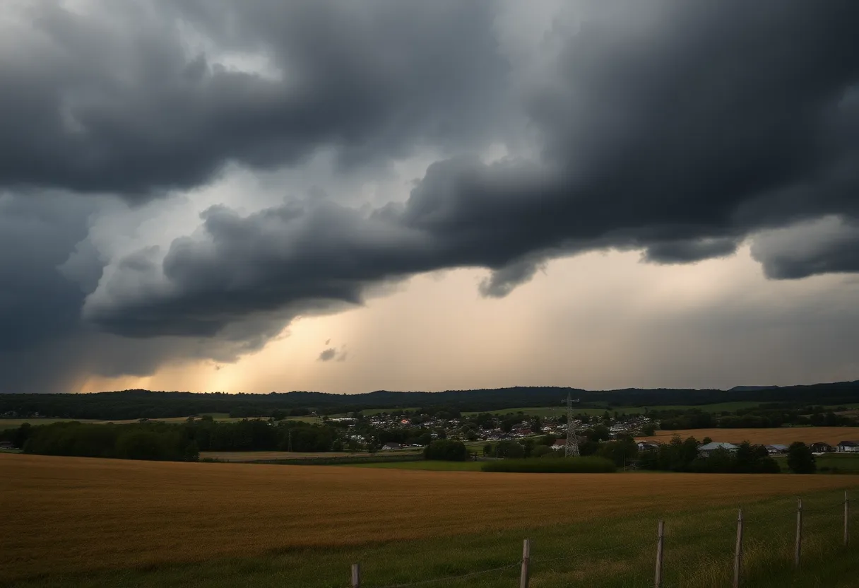 Dark storm clouds over a Kentucky landscape indicating severe weather conditions.