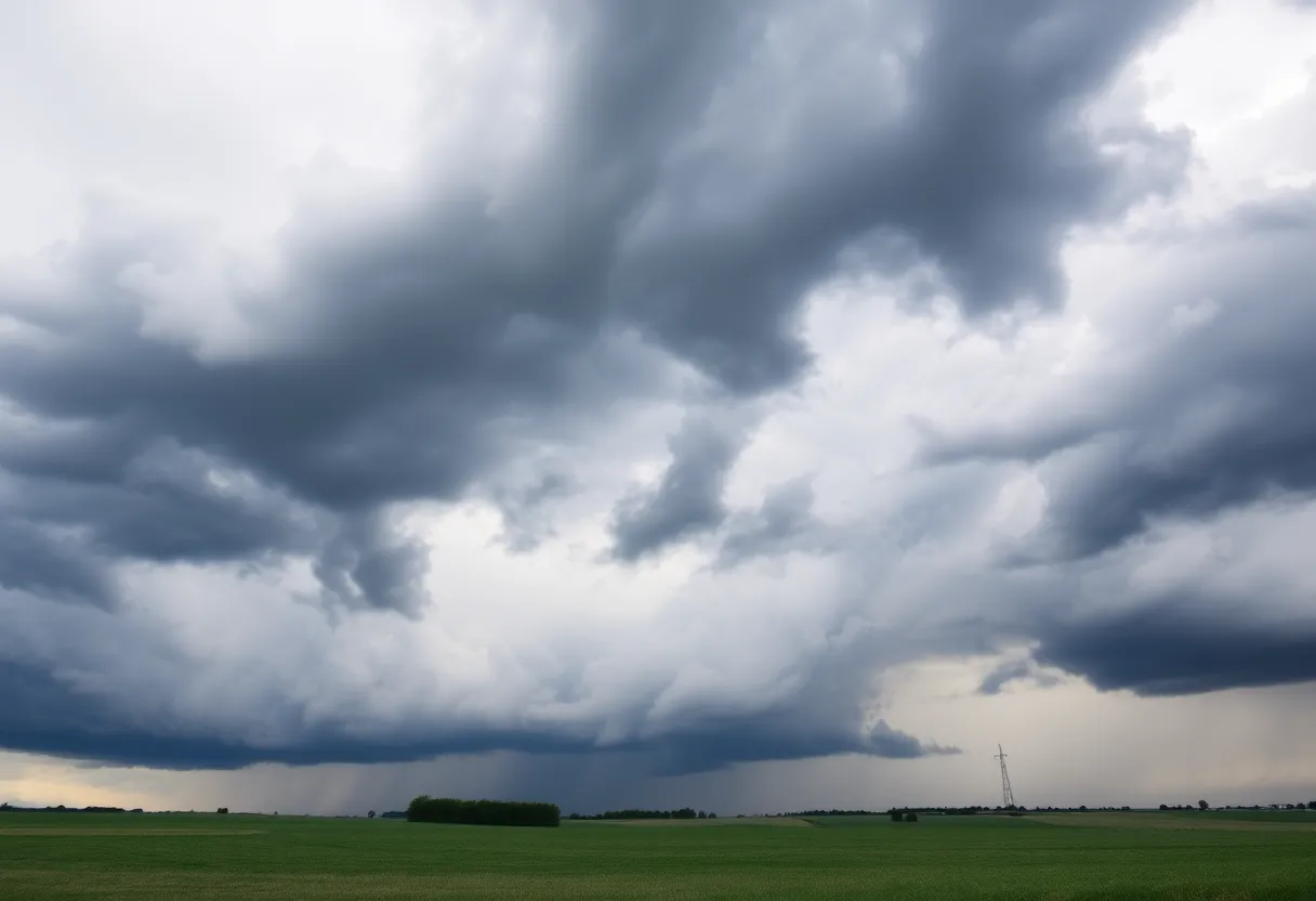 Dark storm clouds over a Midwest landscape, signaling severe weather.