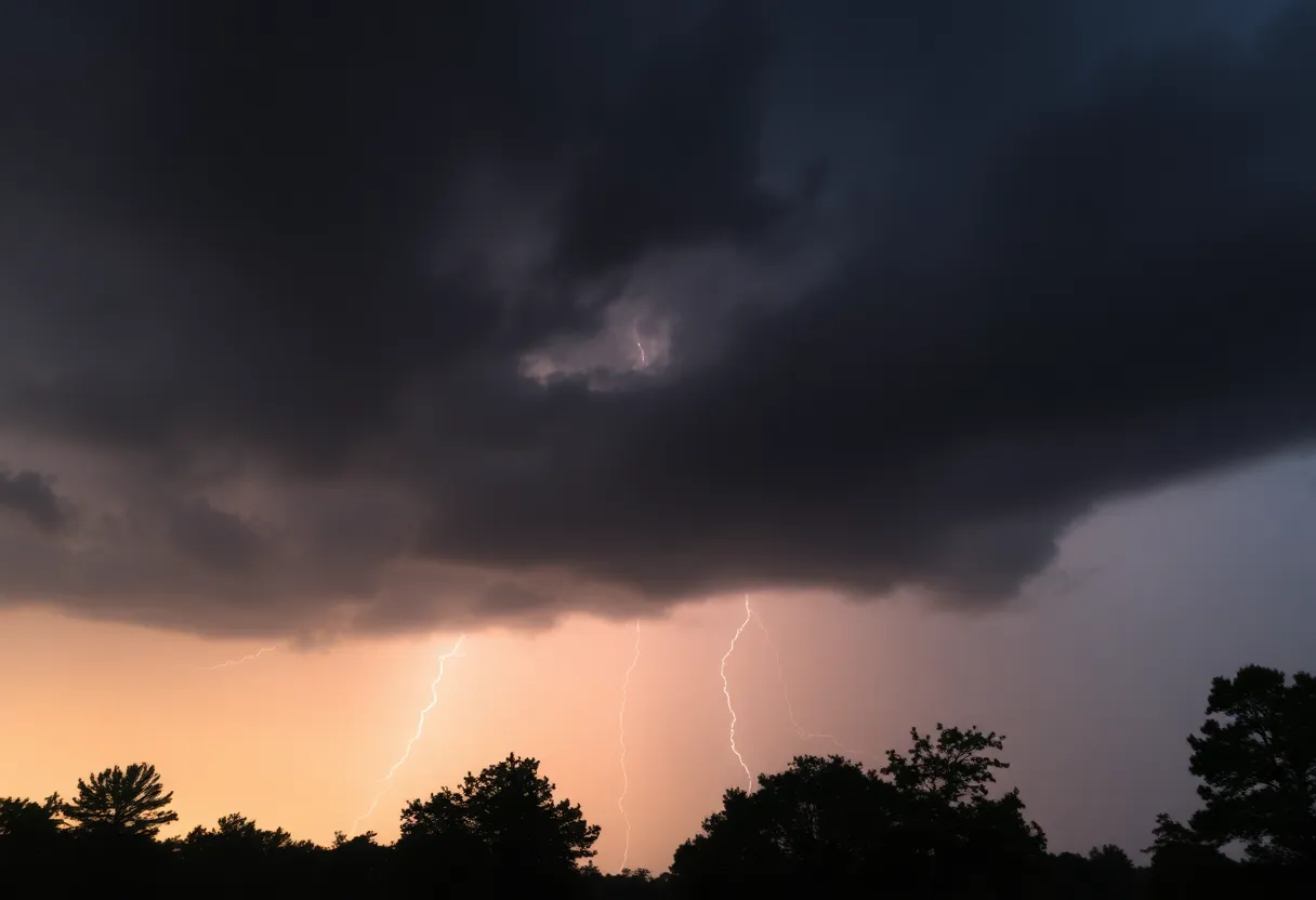 Stormy weather with dark clouds and lightning over North Carolina