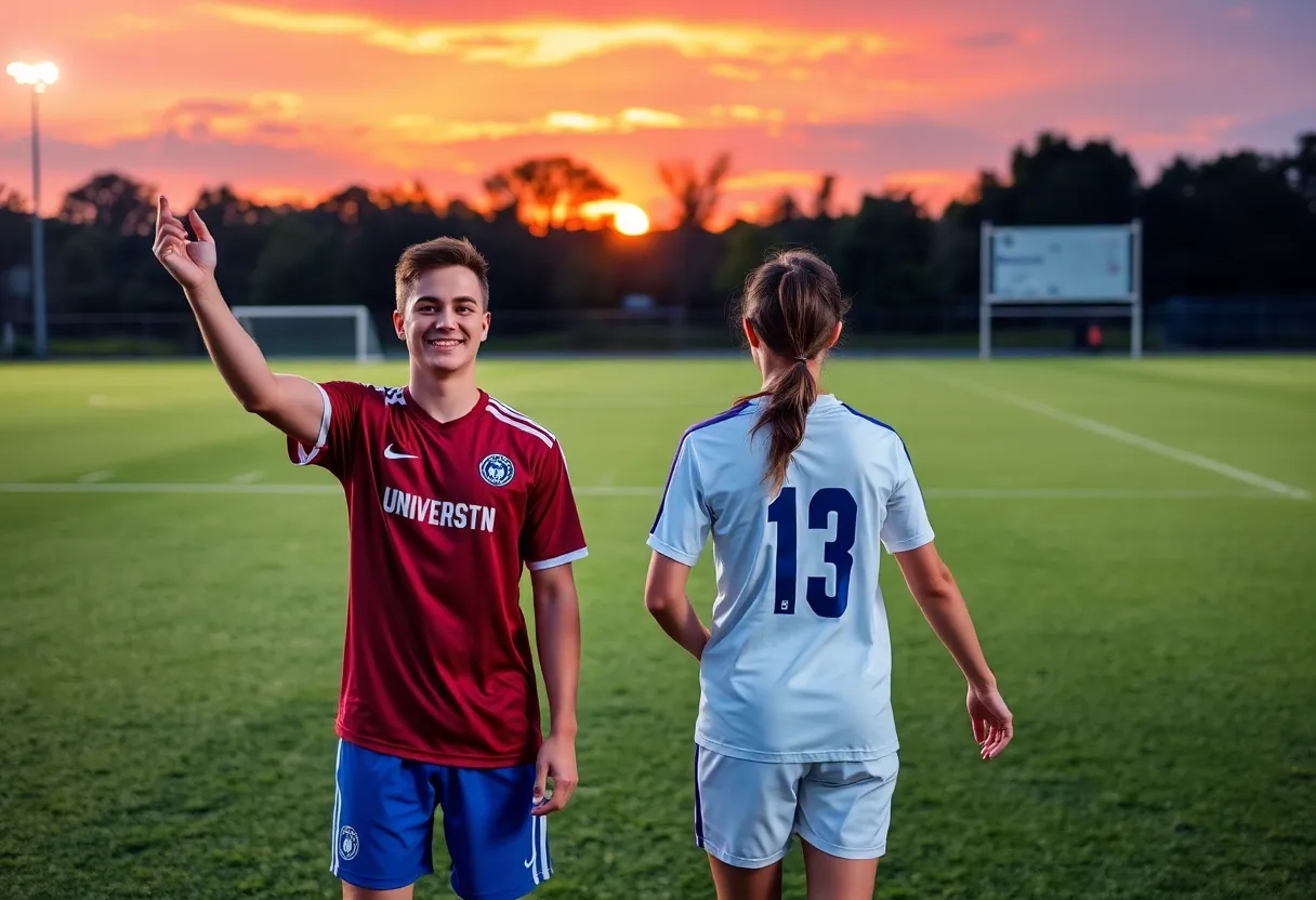 Two soccer players celebrating their university commitment on a field