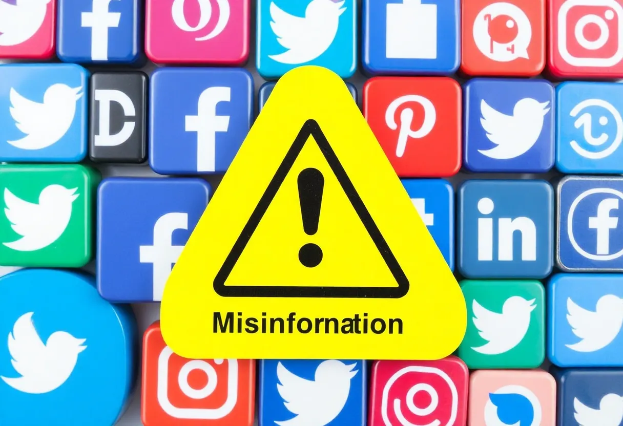Warning sign on social media icons indicating misinformation