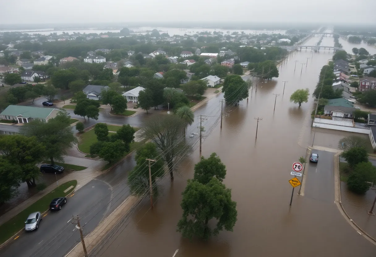Aerial view of flooded areas in South Carolina affecting homes and infrastructure.