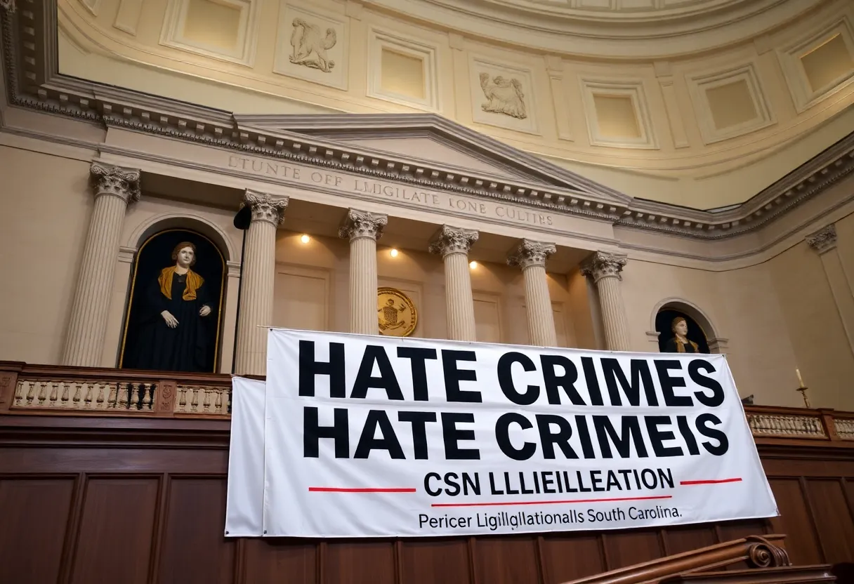 South Carolina legislative building with advocacy banner