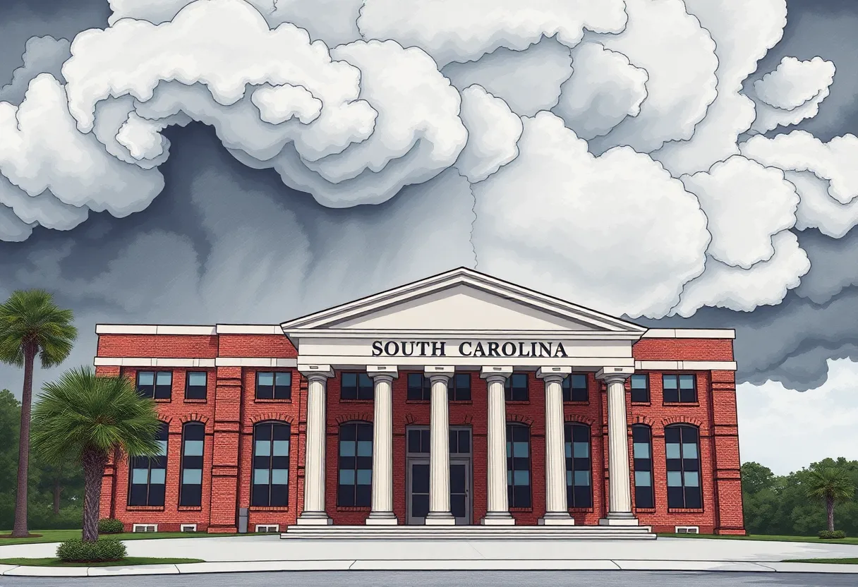 State office building in South Carolina with storm clouds
