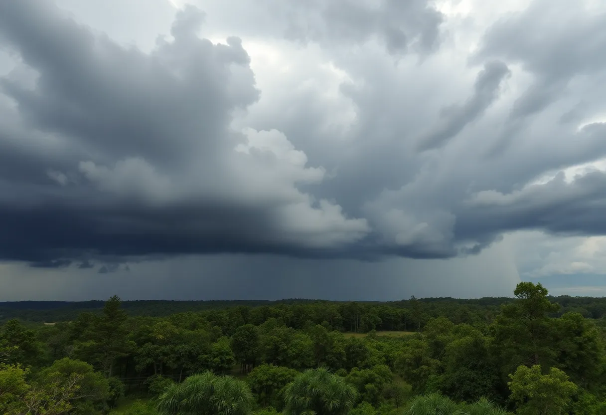 Dark rain clouds over a green landscape in South Carolina