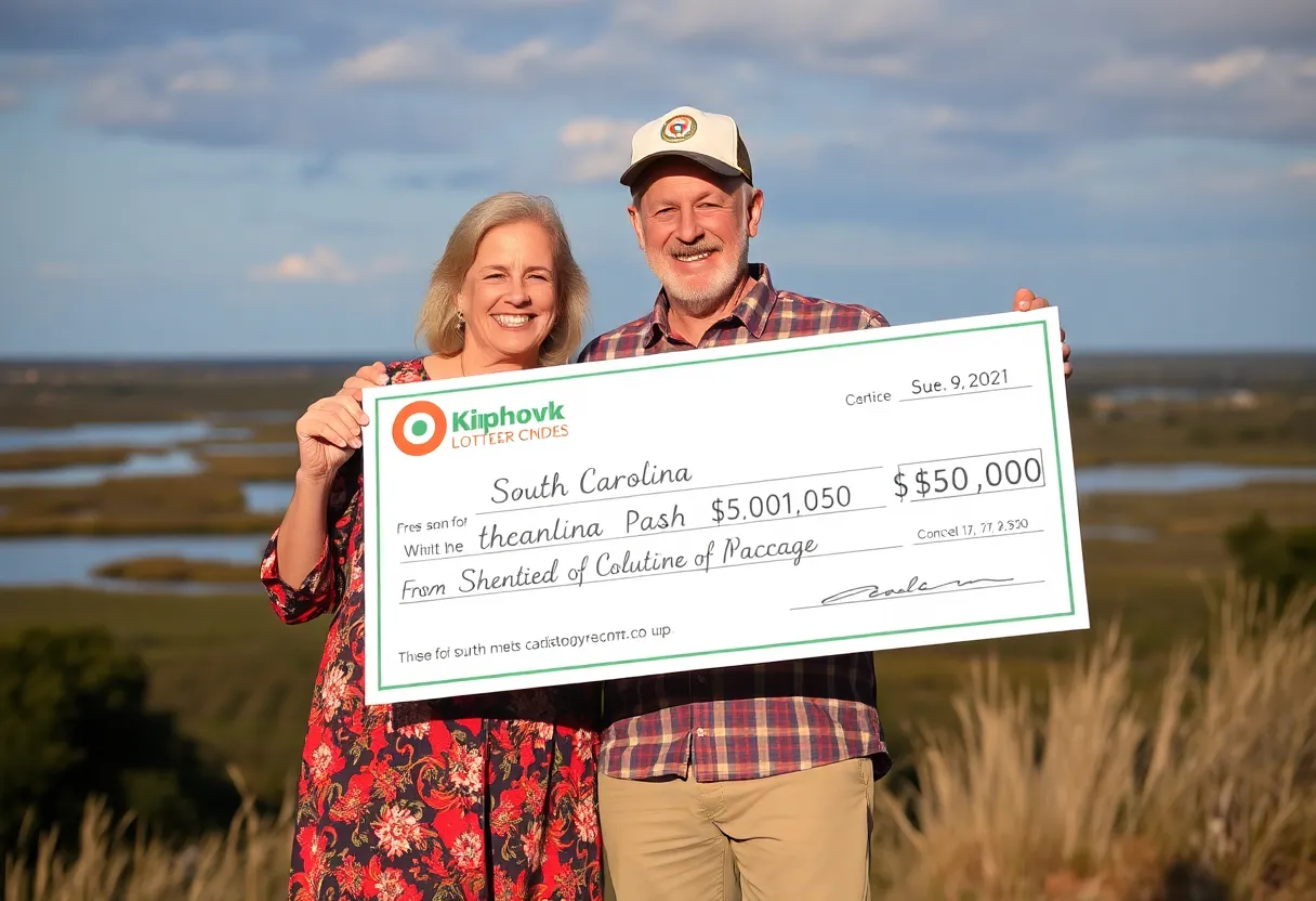 Couple celebrating their lottery win in South Carolina.