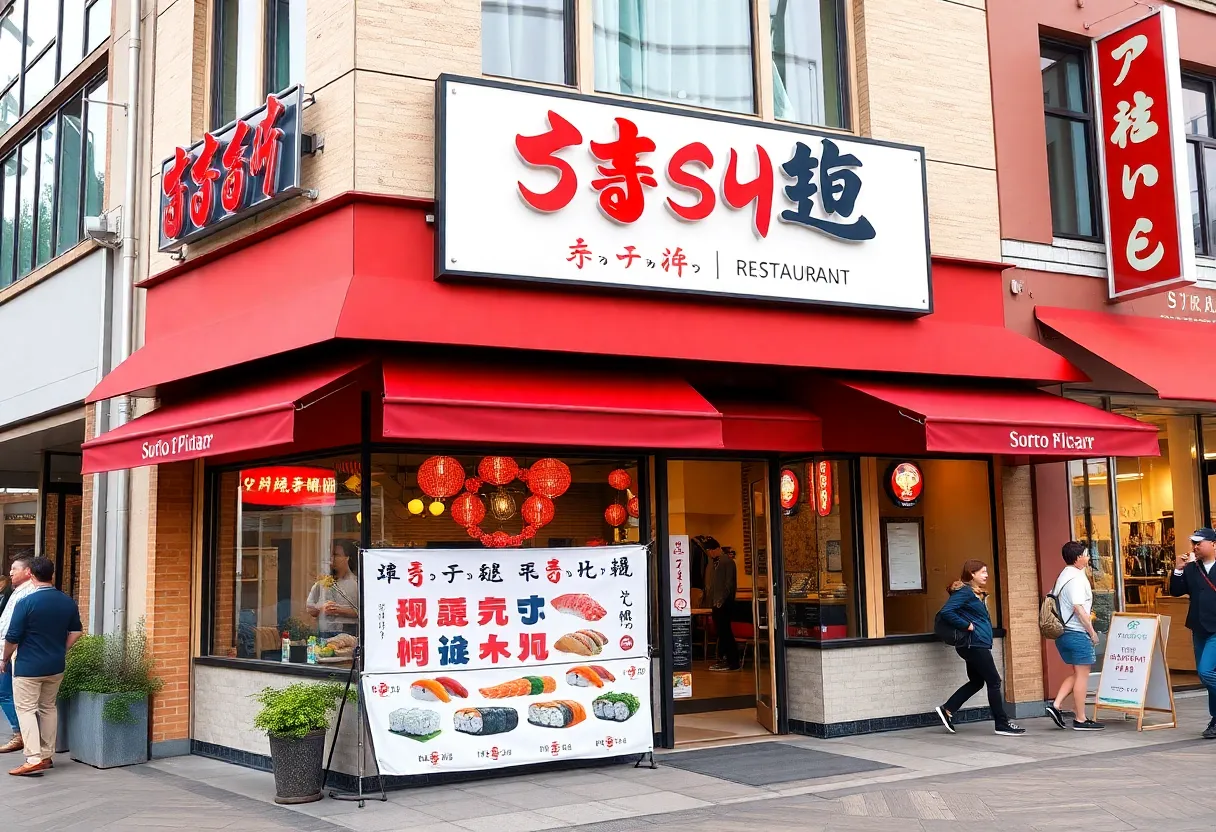 Exterior view of Sumo Sushi & Hibachi Grill restaurant with a banner announcing its opening.