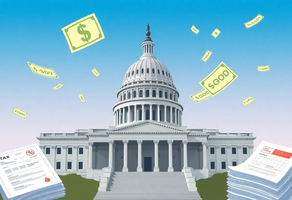 Illustration of the U.S. Capitol with financial symbols representing a tax proposal