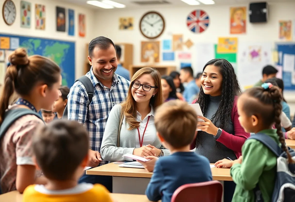 A lively classroom scene depicting engaged students and a teacher, emphasizing community and education.