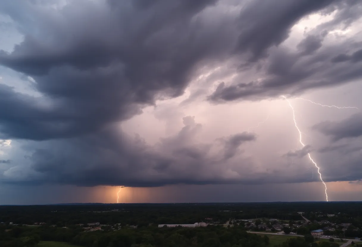 Dark storm clouds over Columbia, South Carolina with lightning.