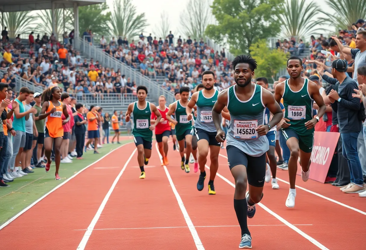 Track and field athletes celebrating a signing event with smiles and team spirit.