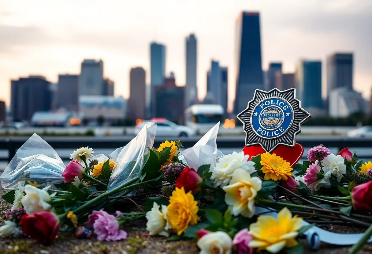 Floral tribute with police badge in front of city skyline.