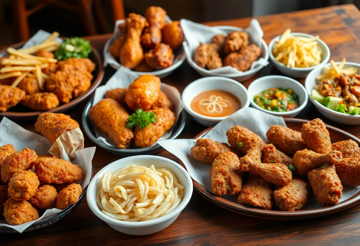 A platter of unique fried chicken dishes with exotic meats.
