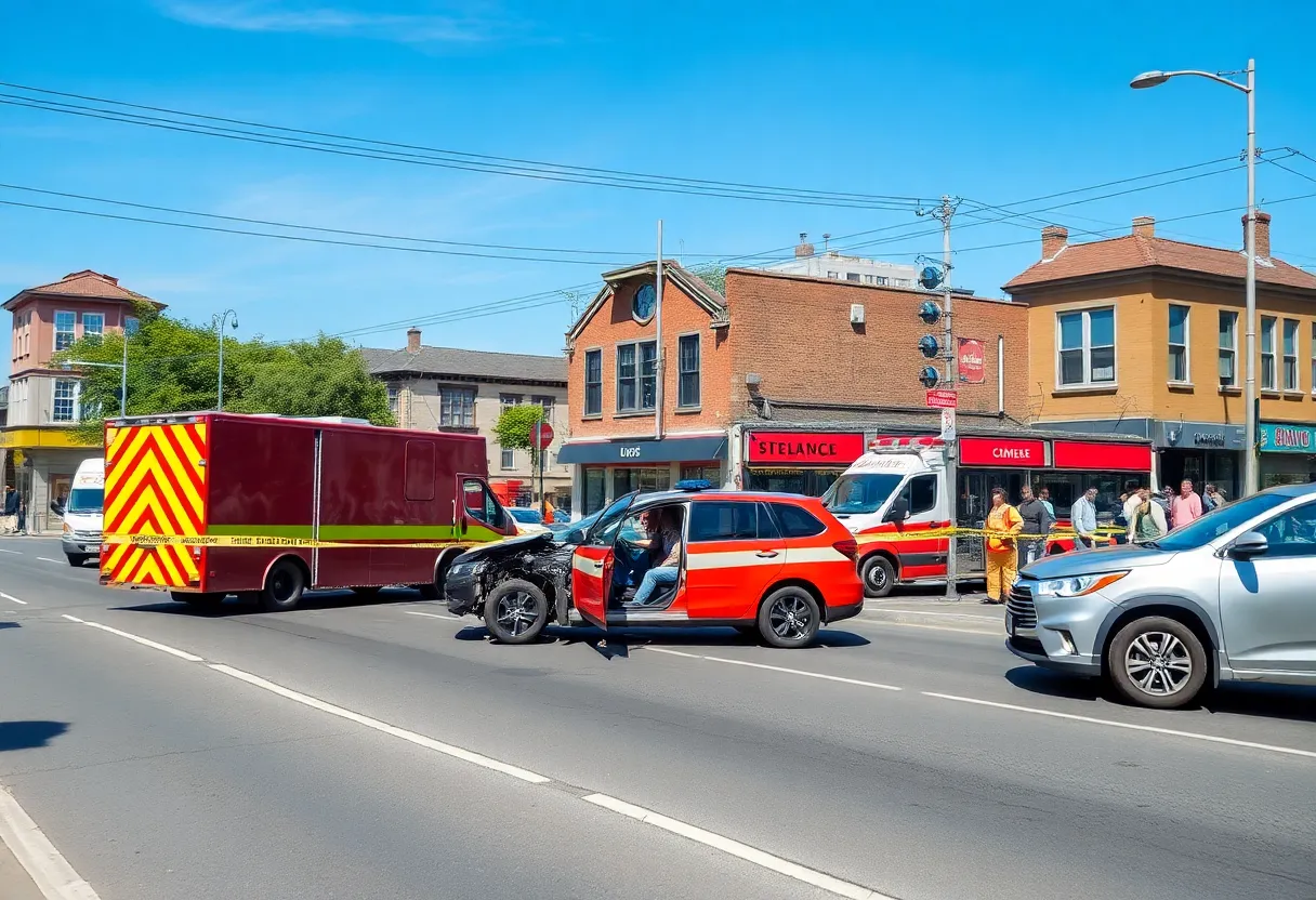 Emergency services responding to a vehicle crash on St Andrew's Road with damage to a building.