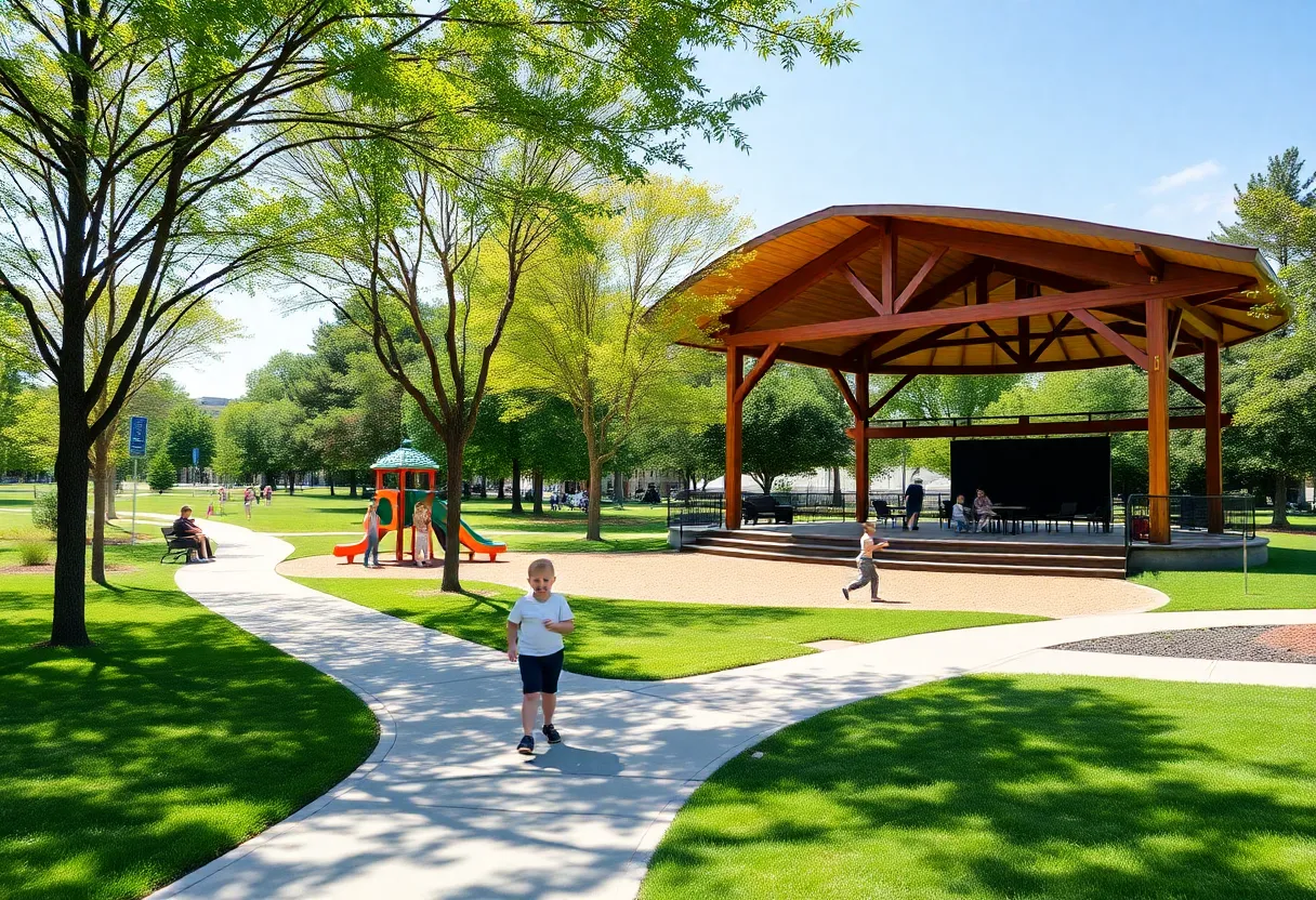 Renovated Virginia Hylton Park showing playground and walking trails