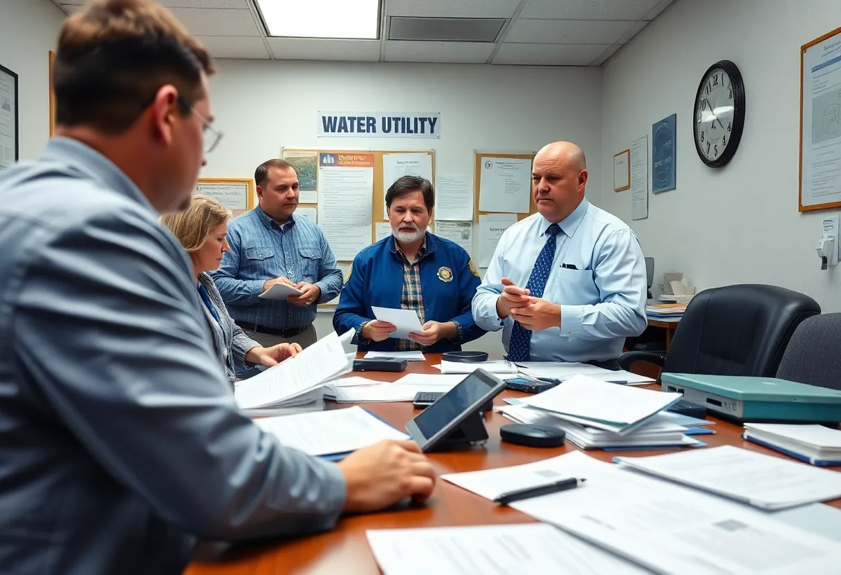Town officials discussing water billing issues in the office