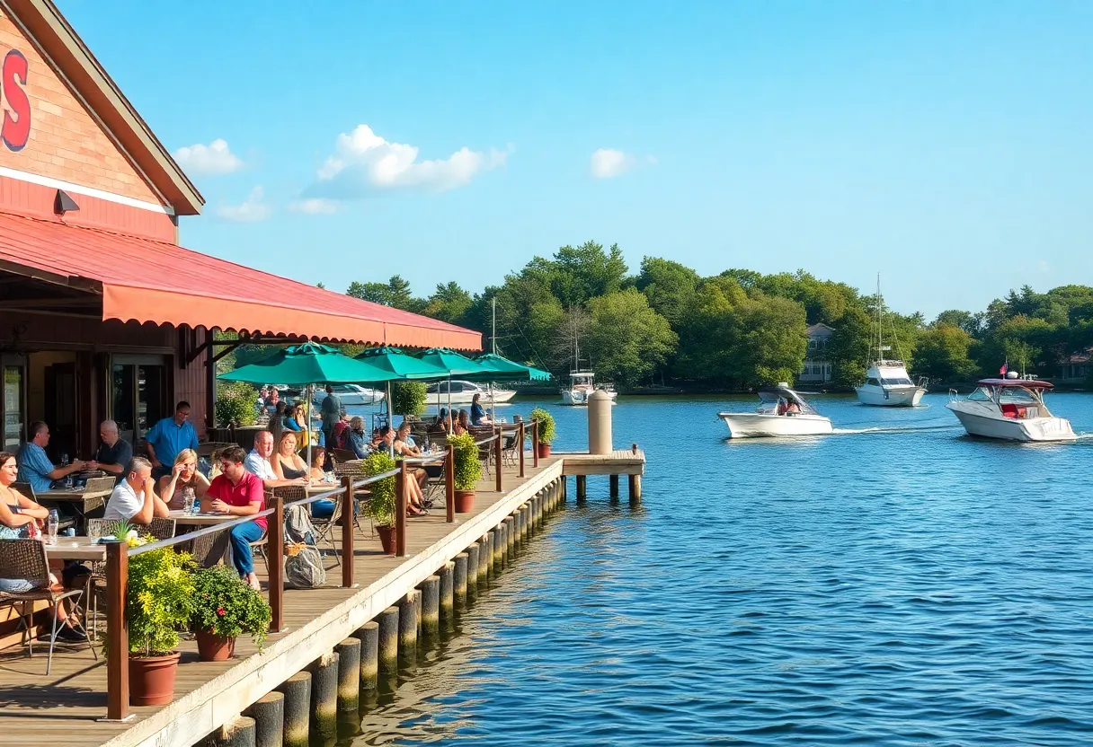 Patrons enjoying dining at a waterfront restaurant on Lake Murray