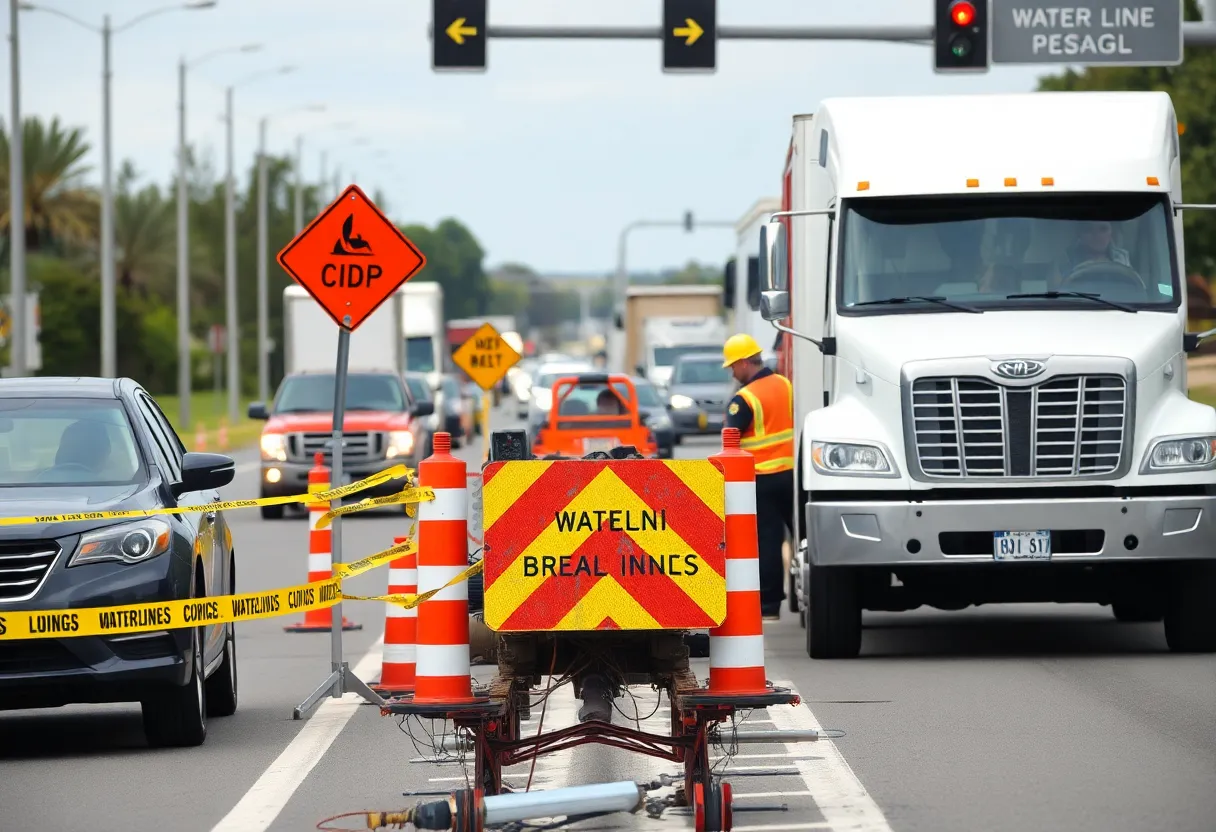 Repair crews working on a waterline break on Two Notch Rd with traffic delays.