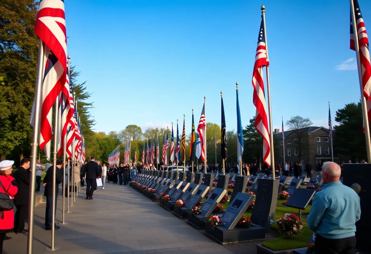 Memorial service for WWII bomber crew members with attendees and American flags.