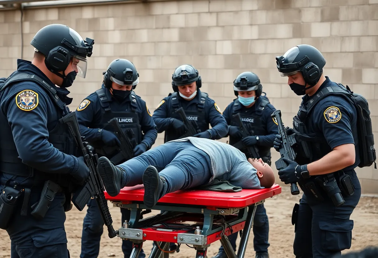 Law enforcement officers undergoing tactical medical training with advanced equipment