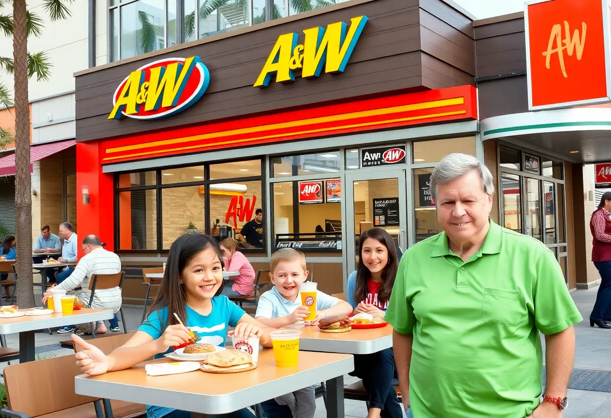 Exterior view of a new A&W Restaurant in Columbia with customers enjoying their meals.