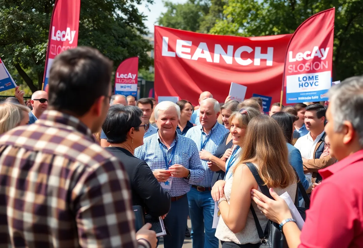 Gathering at a gubernatorial campaign launch with supporters.