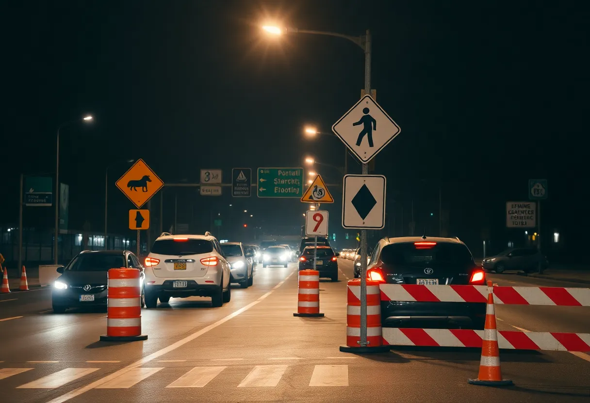 Nighttime roadwork scene showing lane closures