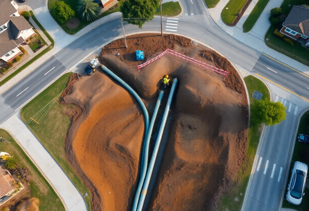 Construction site for Cayce drainage improvements with pipes being installed