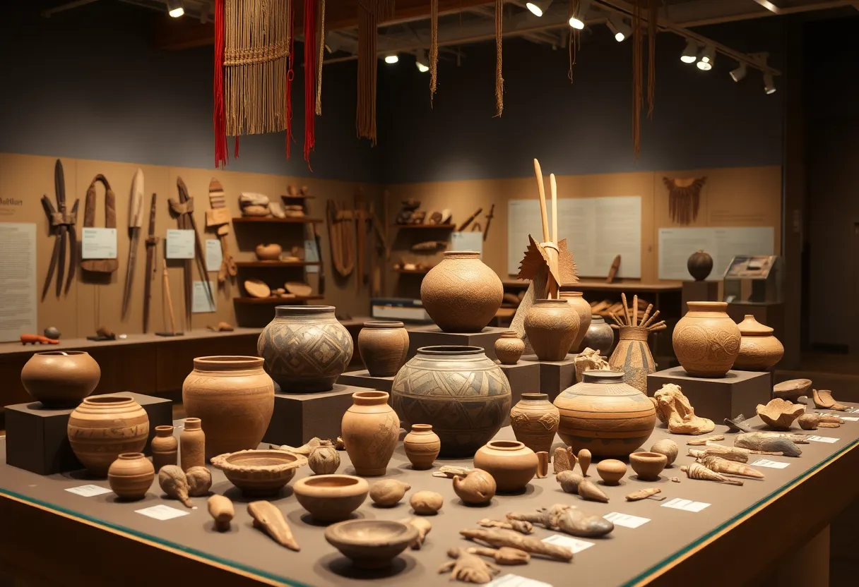 Artifacts displayed at the Cayce Historical Museum, including Native American pottery and tools.