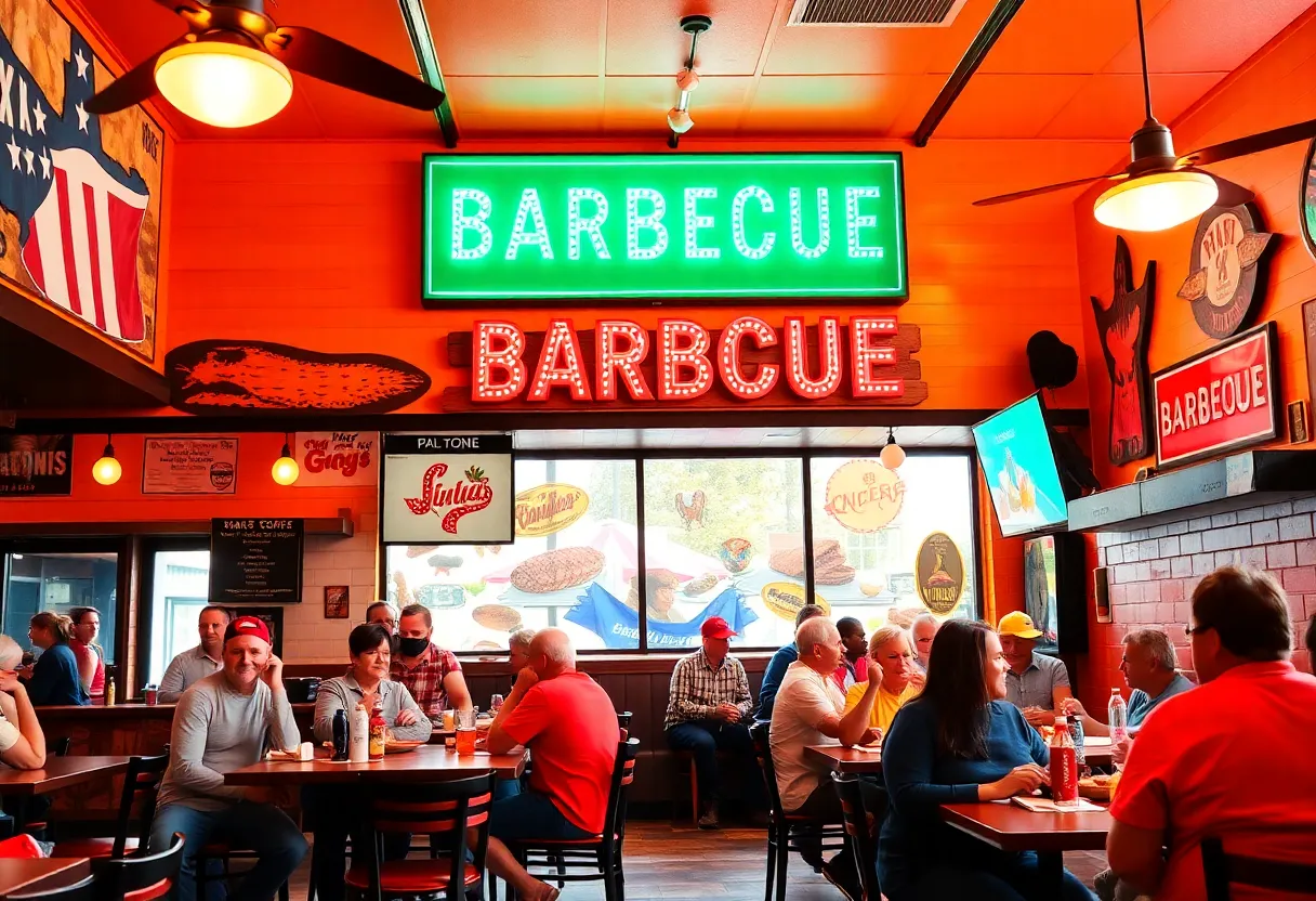 Interior of City Limits Barbeque restaurant with happy diners