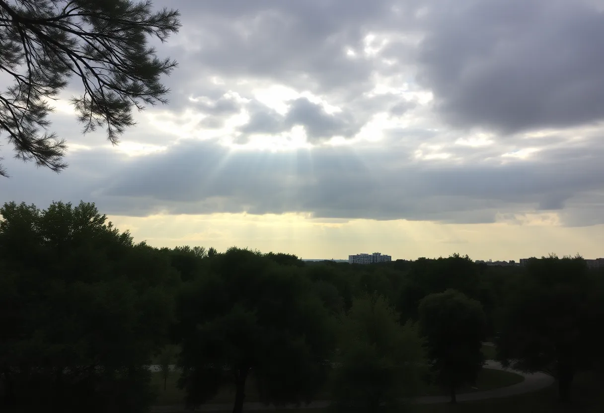 Cloudy skies with sunlight breaking through over a park in Columbia SC.