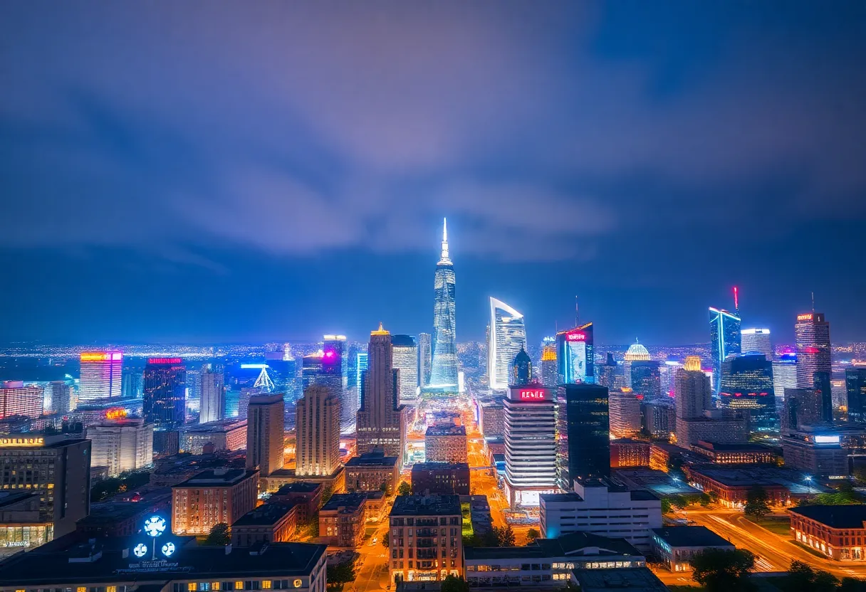 Colorful LED lights illuminating the Columbia skyline