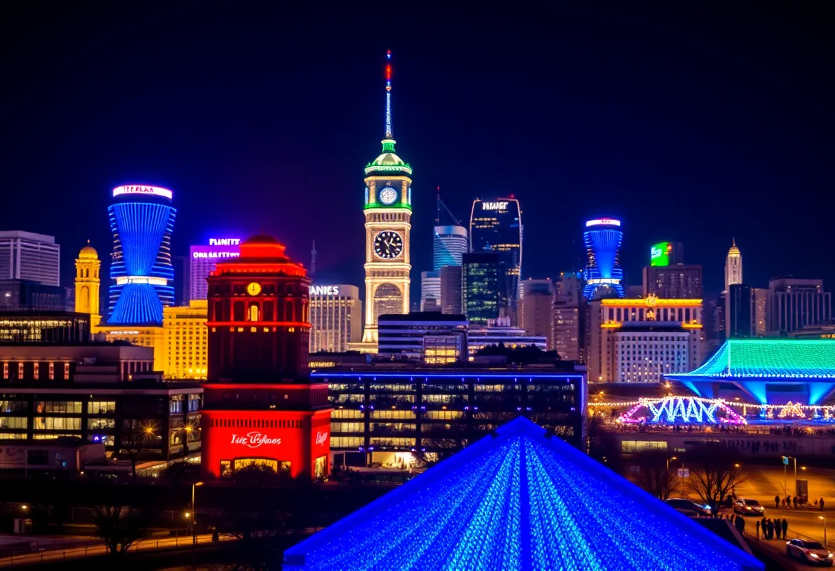 Colorful illuminated skyline of Columbia with LED lights