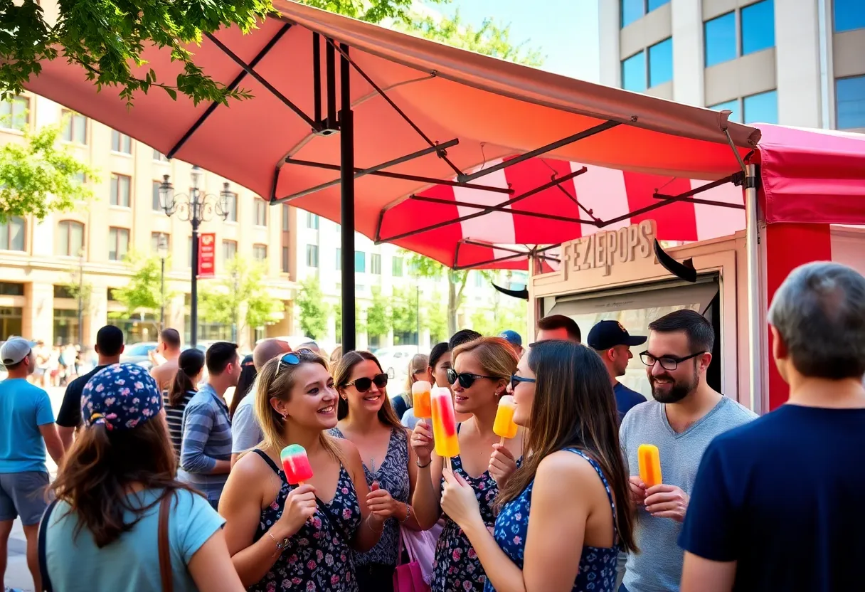 People at Boyd Plaza enjoying feezie pops during a summer initiative