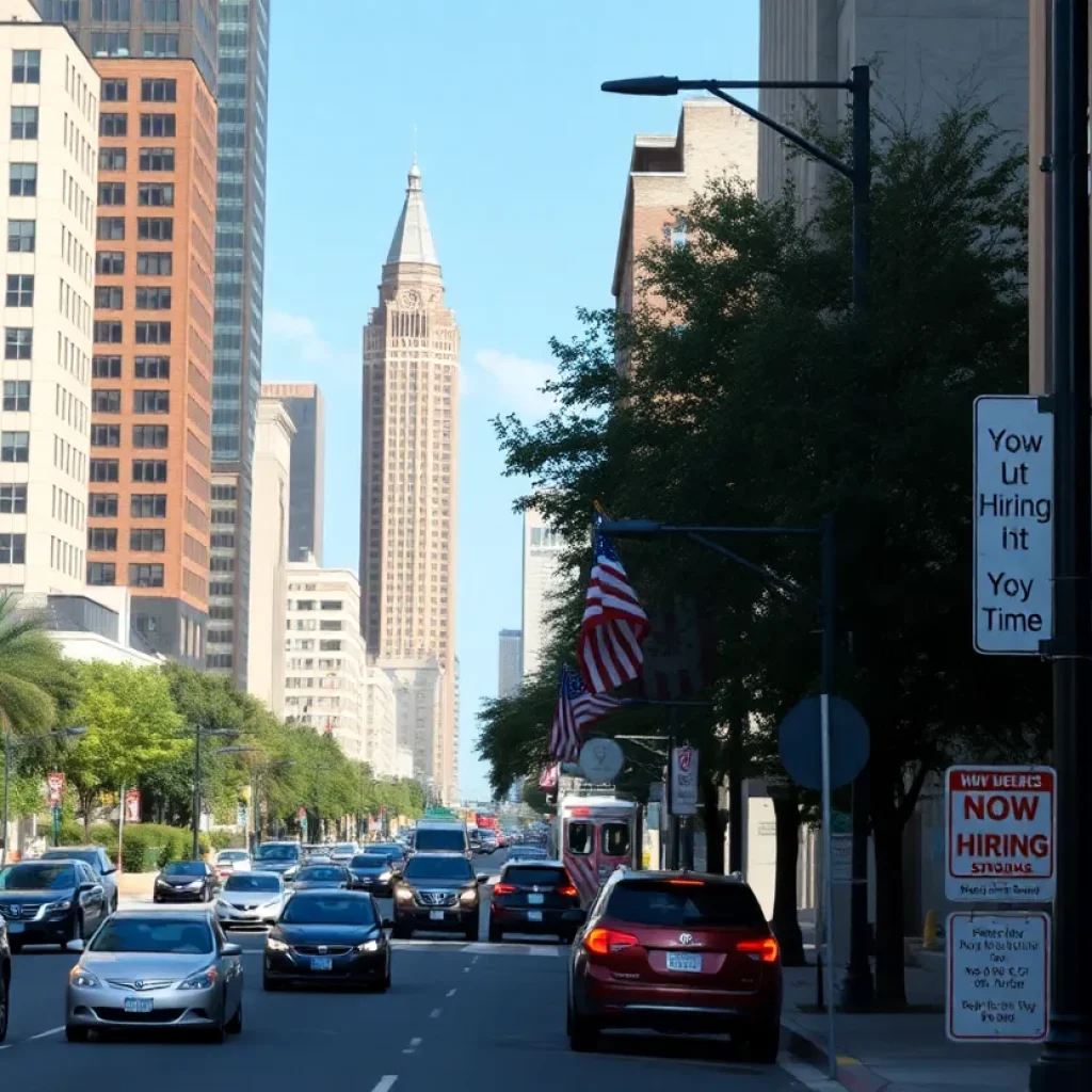 Urban scene in Columbia, SC showing 'Now Hiring' signs and job seekers