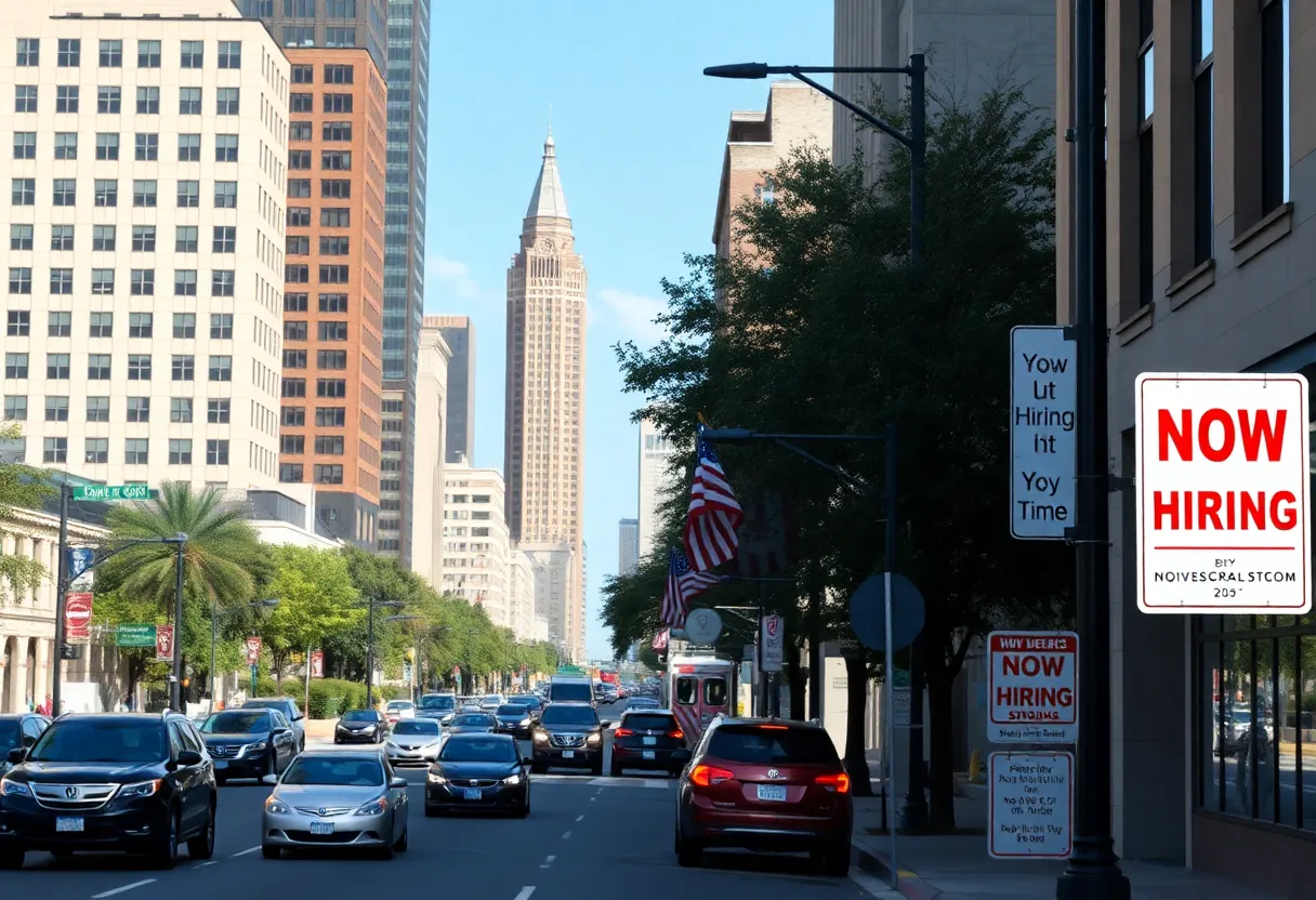 Urban scene in Columbia, SC showing 'Now Hiring' signs and job seekers