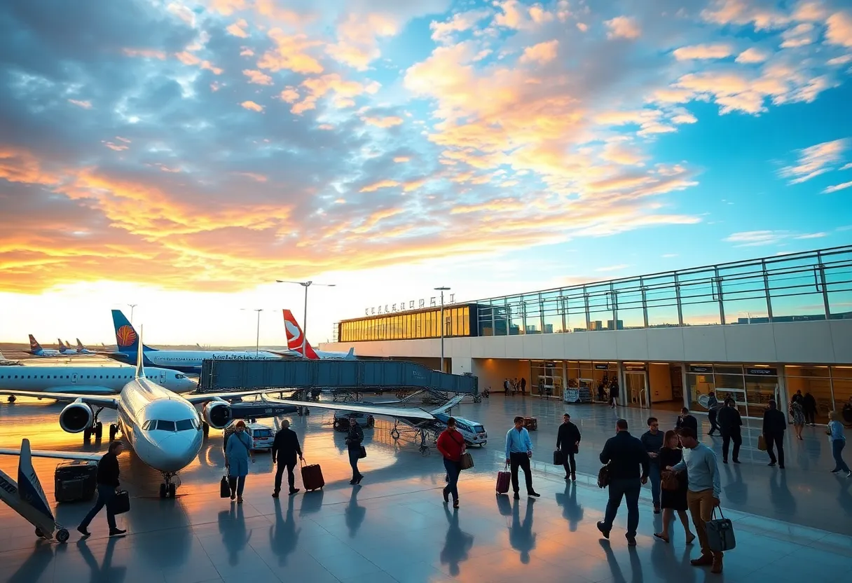 A busy scene at Columbia Metropolitan Airport with planes and passengers.