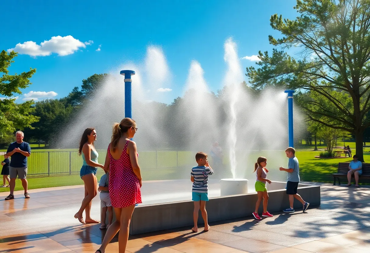 Families enjoying a misters in a Columbia park on a hot summer day