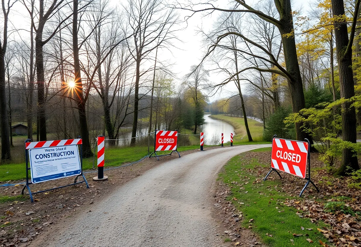 Closed trail section in Columbia's Riverfront Park with construction barriers.