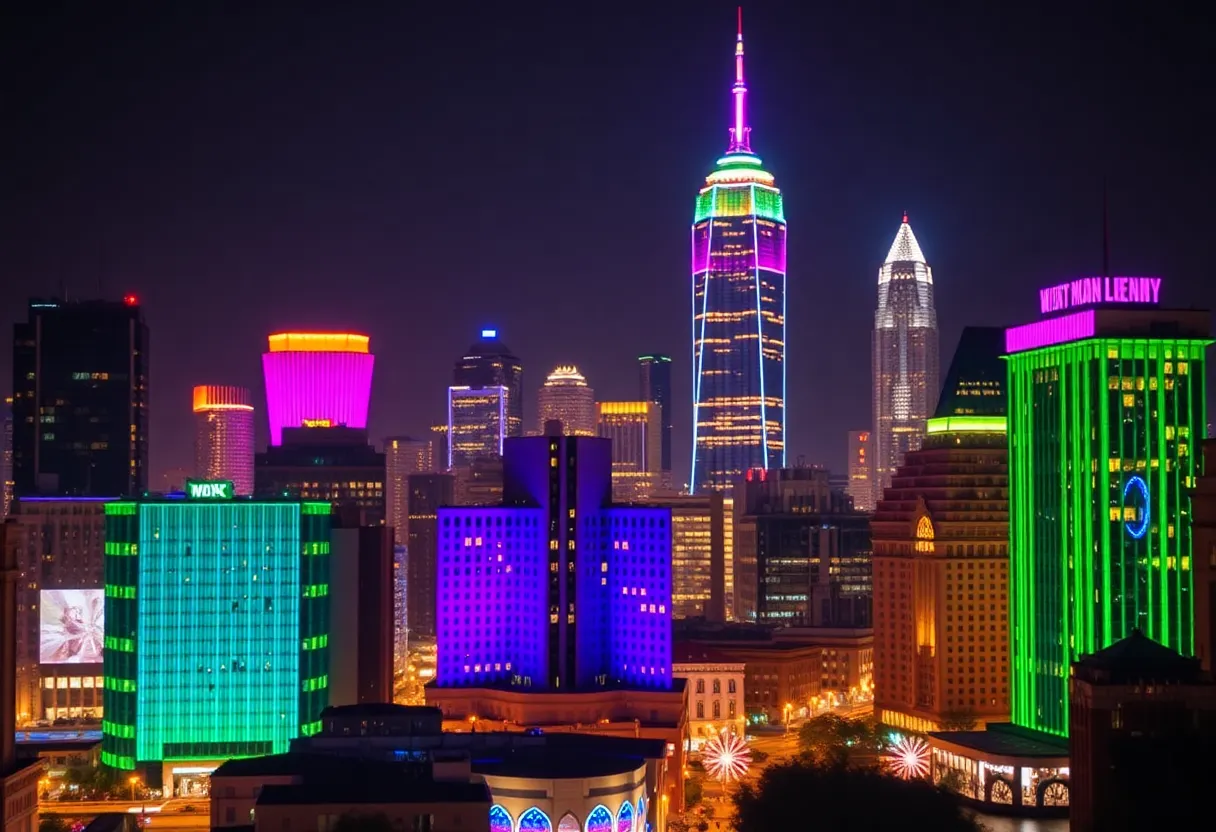 Illuminated downtown Columbia skyline with colorful LED lights