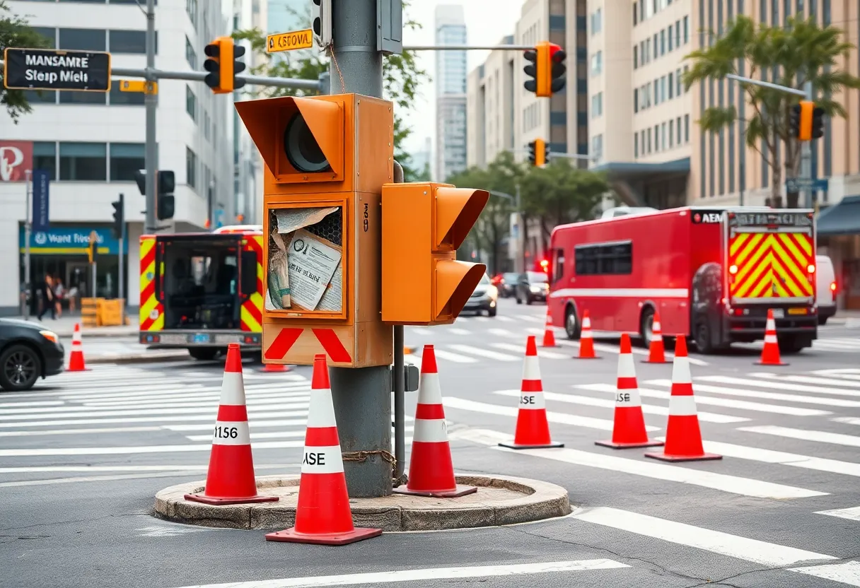 Damaged traffic control box at a Columbia intersection after an accident