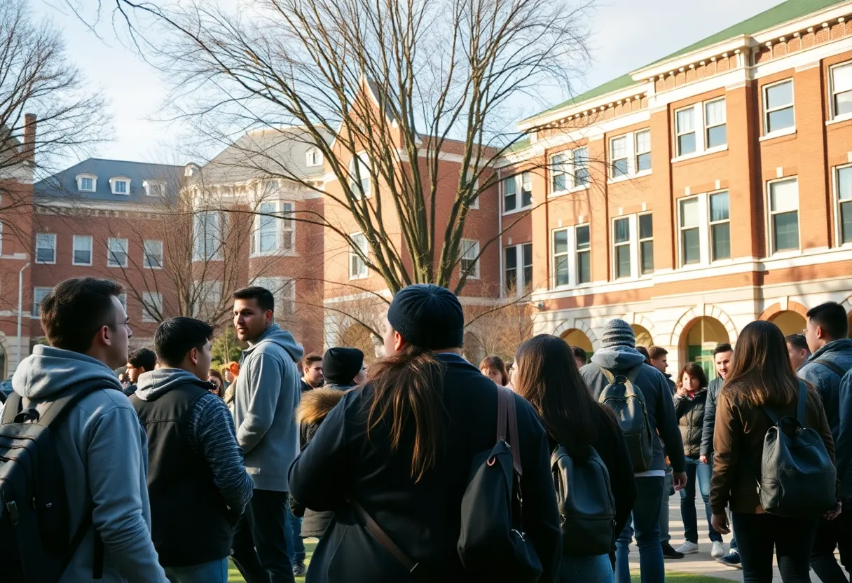 View of Columbia University campus with students walking.
