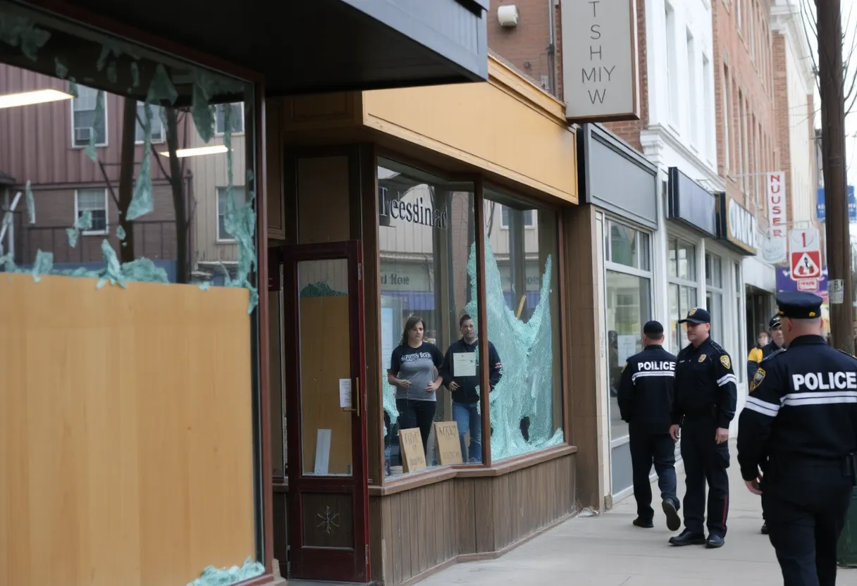Storefronts on Sumter Street with shattered windows and wooden paneling