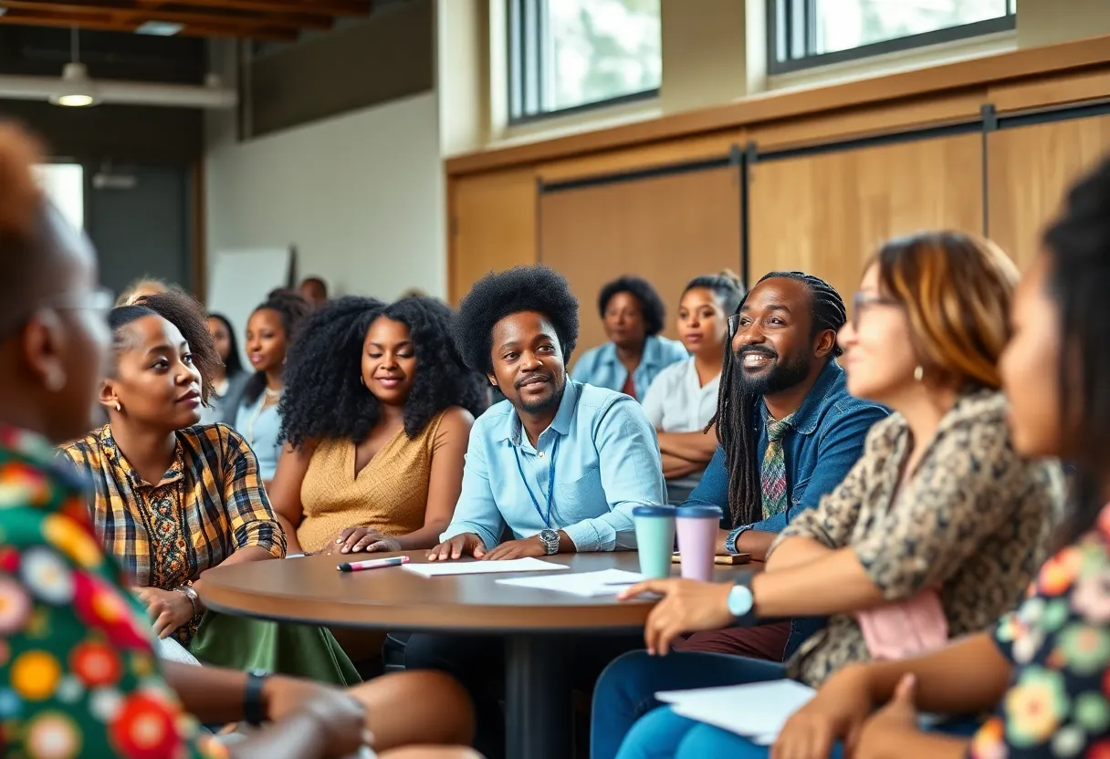 A diverse group of individuals participating in a community meeting discussing leadership and inclusivity.