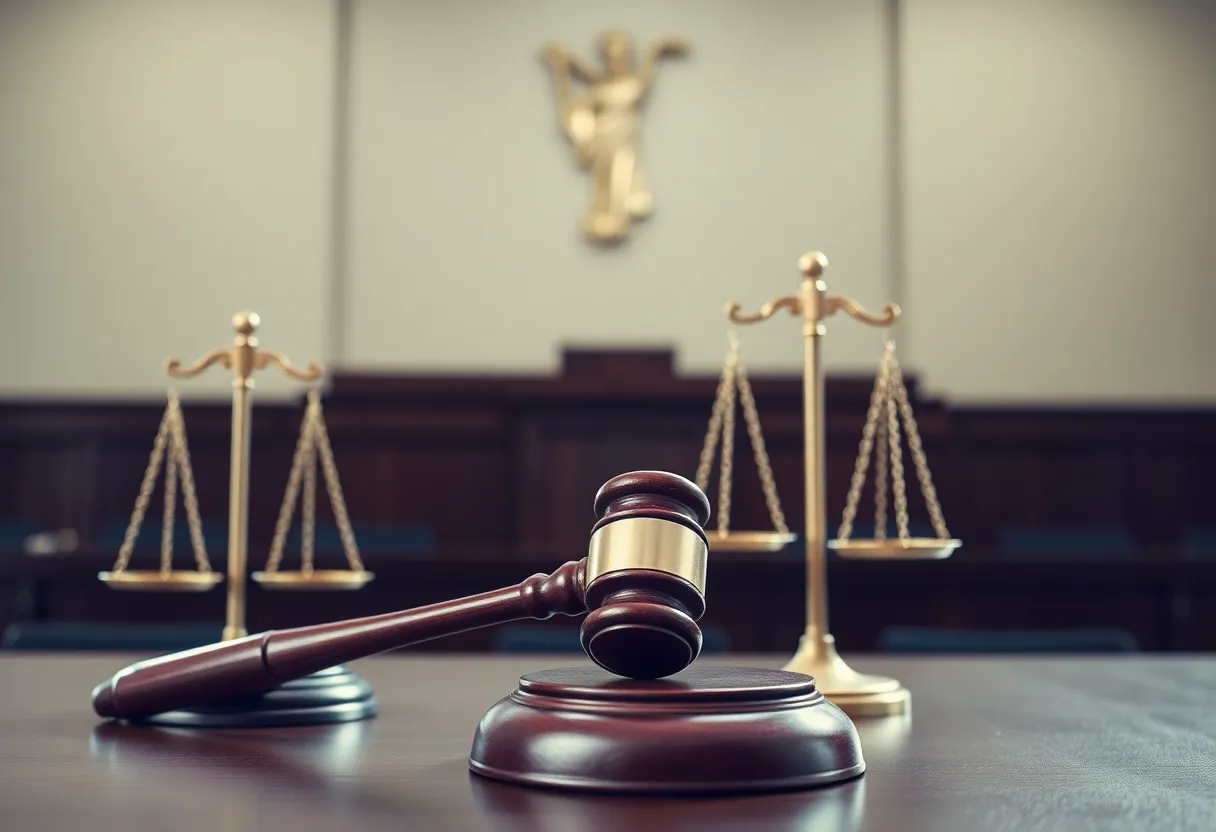 Gavel and scales of justice in a courtroom