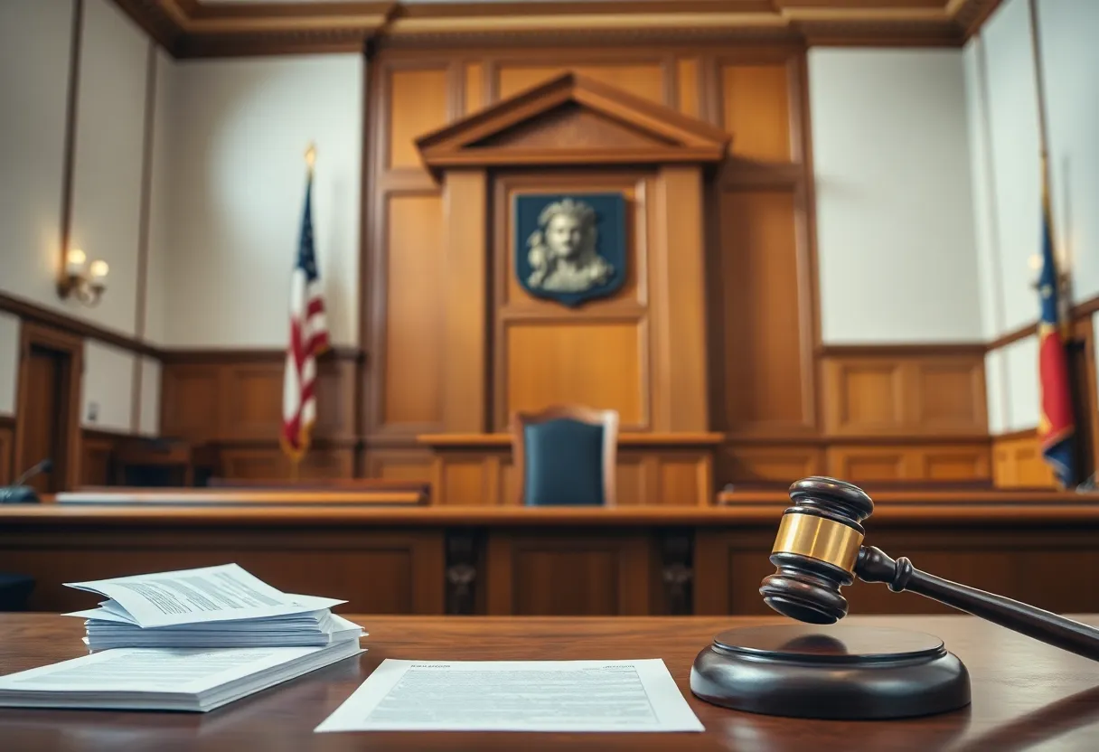 Courtroom displaying legal proceedings with documents