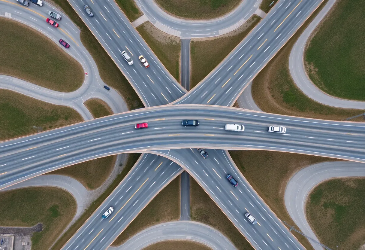 Aerial view of diverging diamond interchange in Columbia, South Carolina