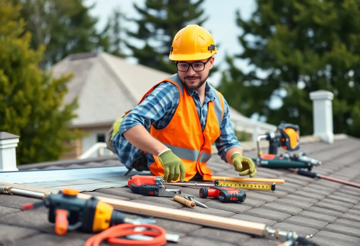 Homeowner on the roof with safety equipment developing a roof safety plan