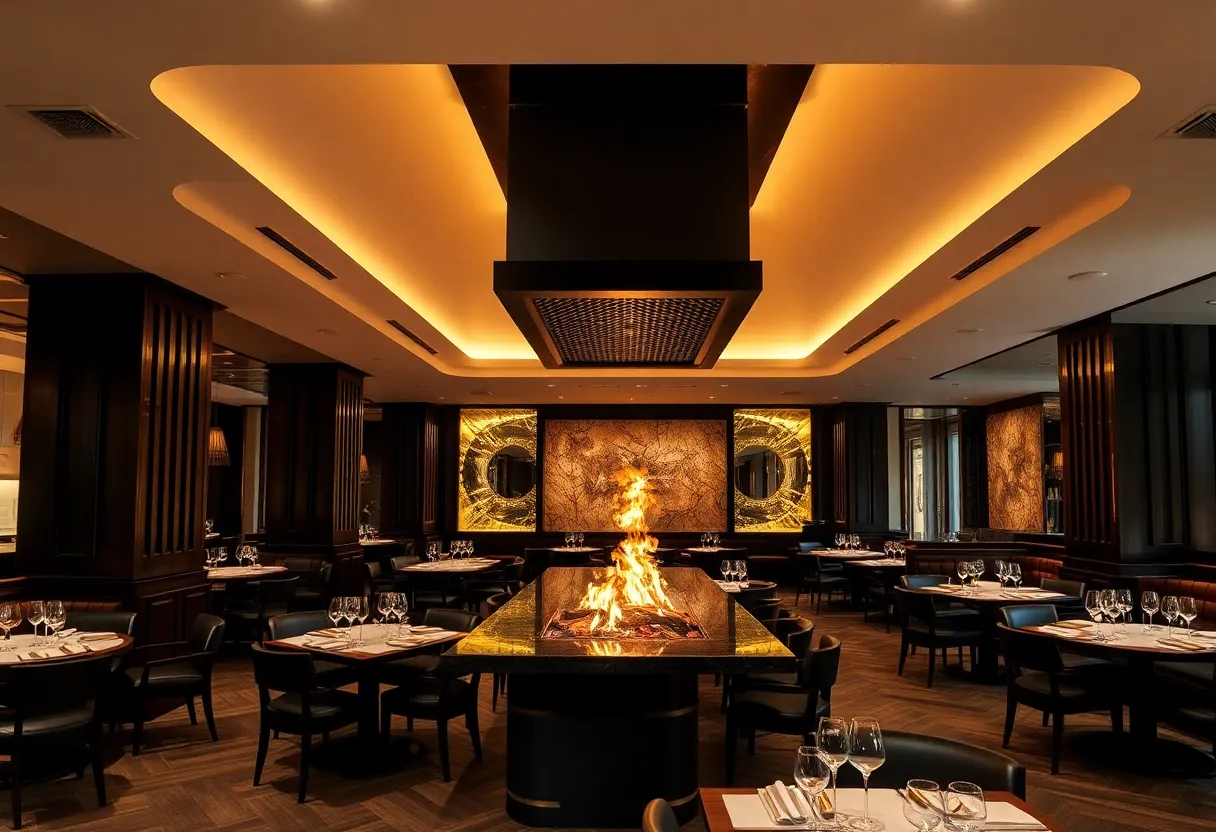 Upscale dining area of Ember Restaurant with wood-ember grill